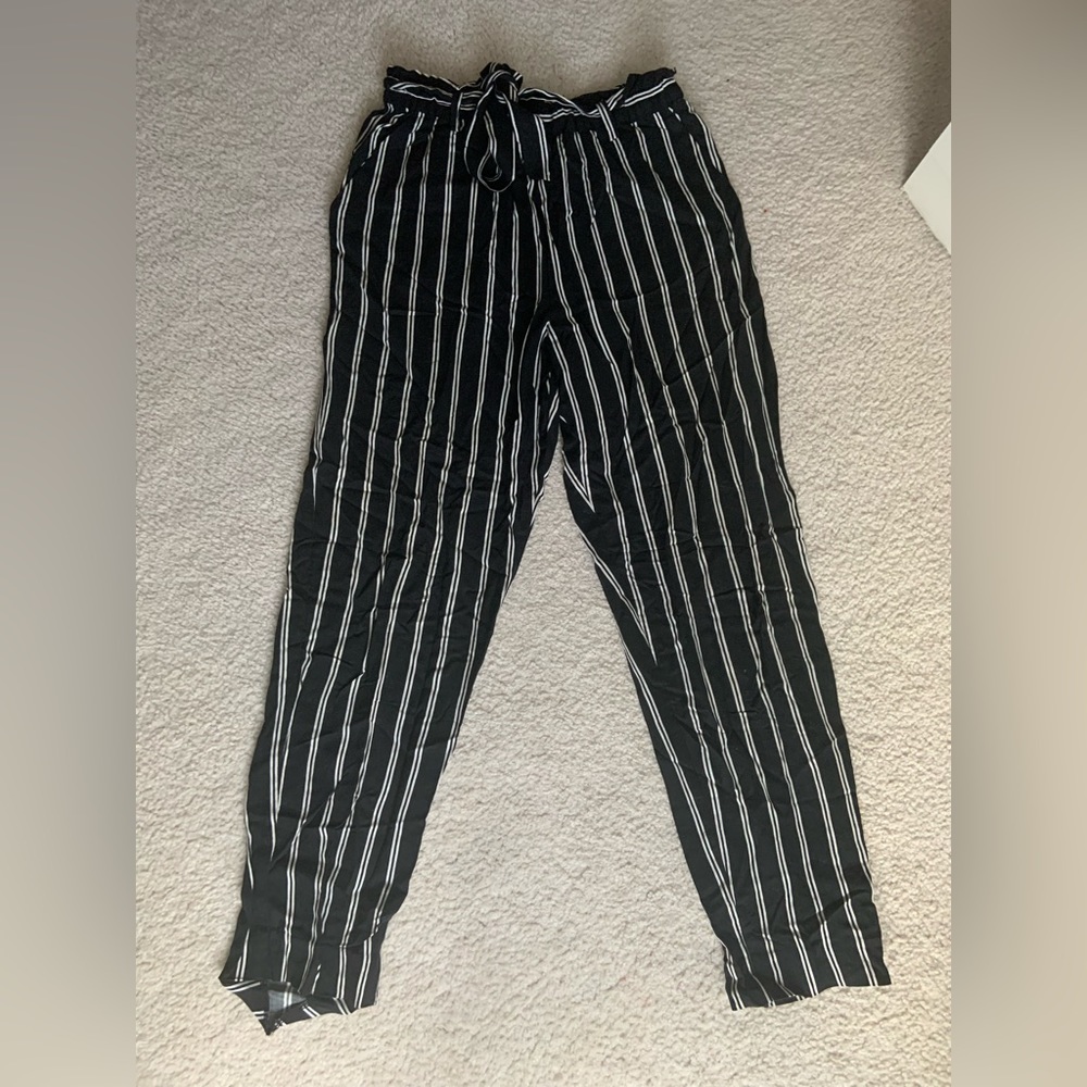Black & White Tie Front Striped Paperbag Waist Pants (CAN FIT ADULTS TOO)